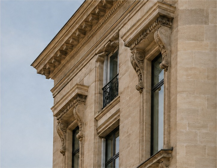 Detail of a classical European stone facade — carved cornice, console brackets and tall windows against a pale sky.