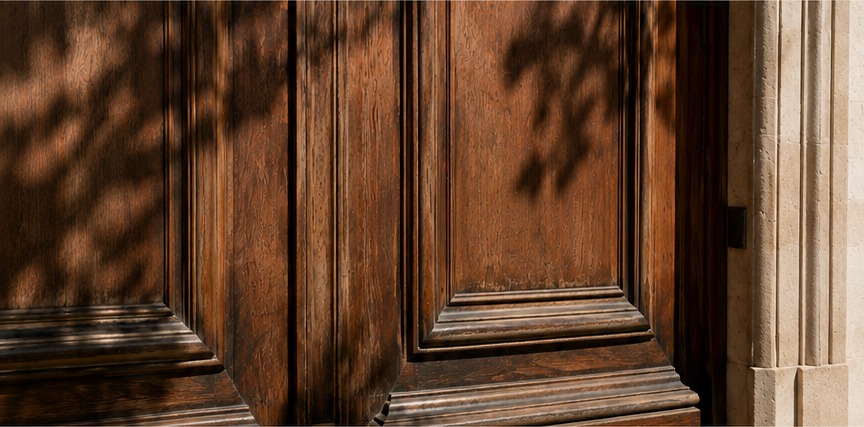 A panelled European wooden door framed by natural stone, with dappled leaf shadow across its surface.